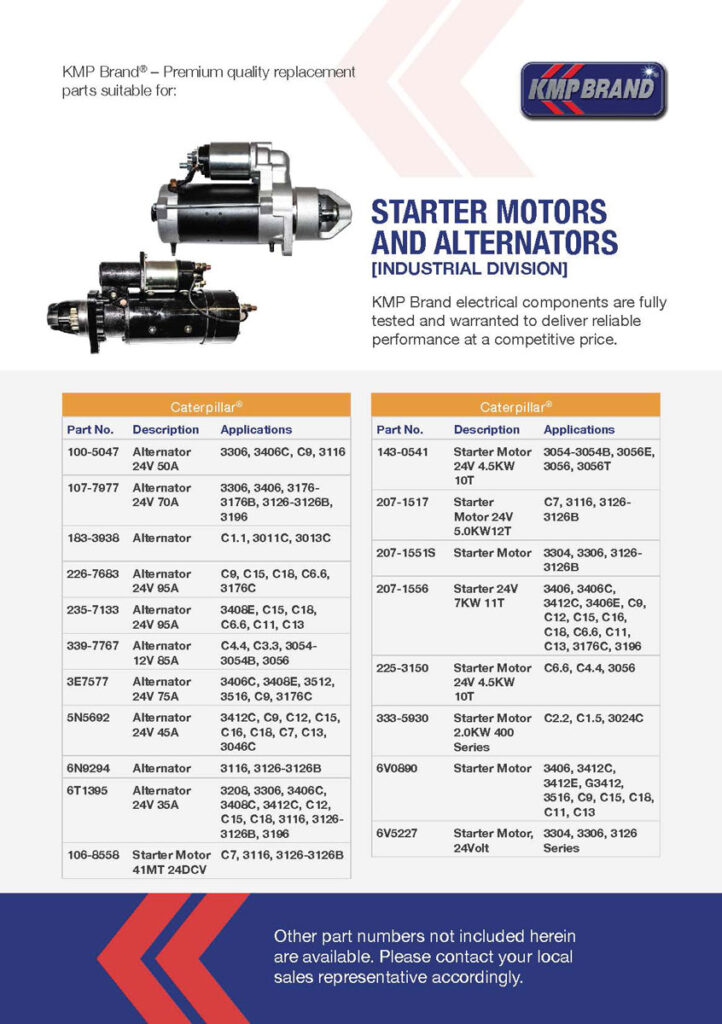 KMP Brand ® Starter Motors and Alternators leaflet for Caterpillar, Komatsu, Cummins and Iveco